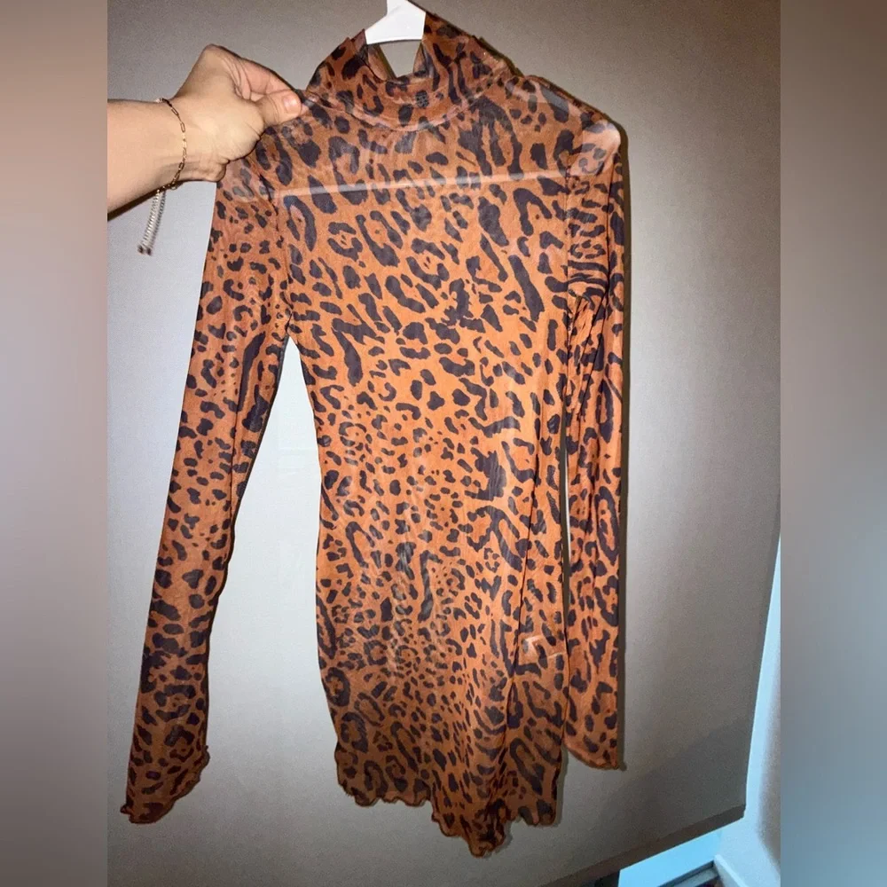 Leopard animal Print Long Sleeve Dress cover up sheer mesh brand new never worn - Picture 6 of 11